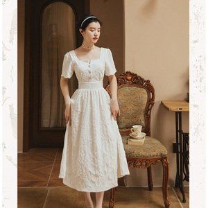 White Midi Dress High Waist Short Sleeves Vintage Square Neckline, Size S [NWOT]
